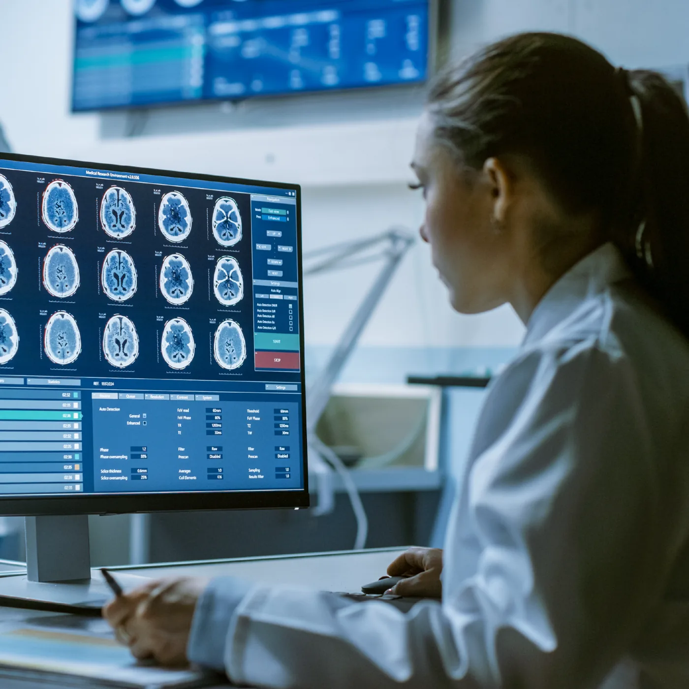 Técnico em radiologia conduzindo exame com painel de controle remoto